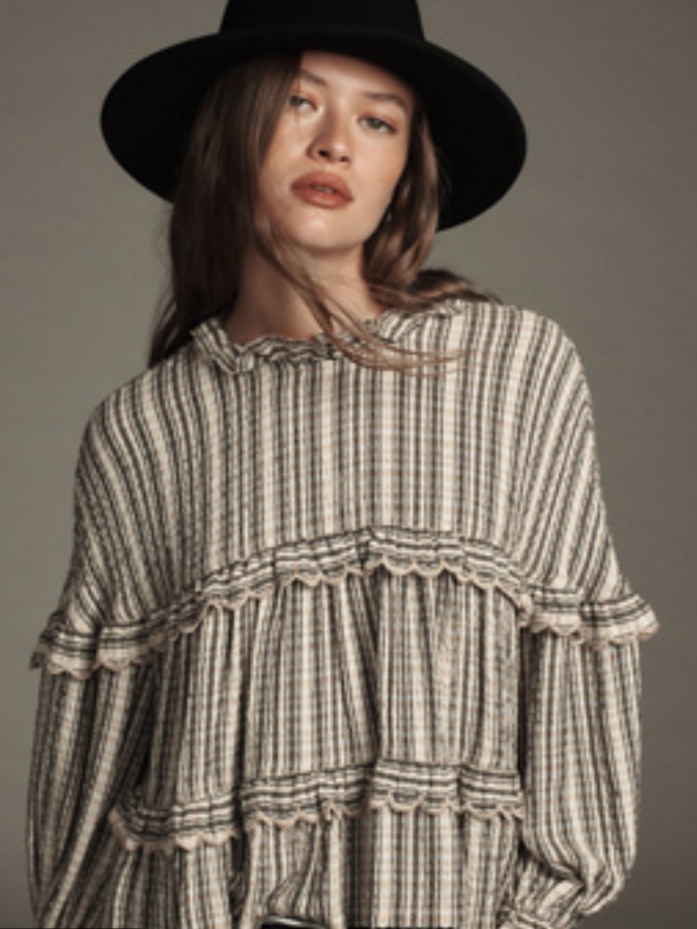 NWT Pilcro Tiered Babydoll Blouse in Beige and Black Stripe